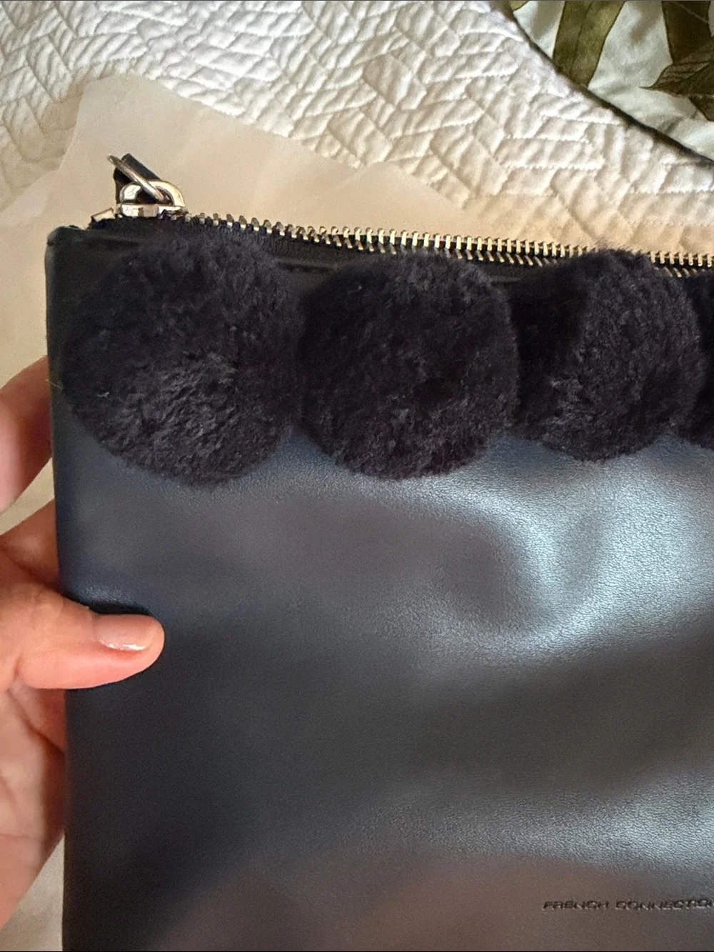 French Connection Black Pom Pom-Trim Wristlet